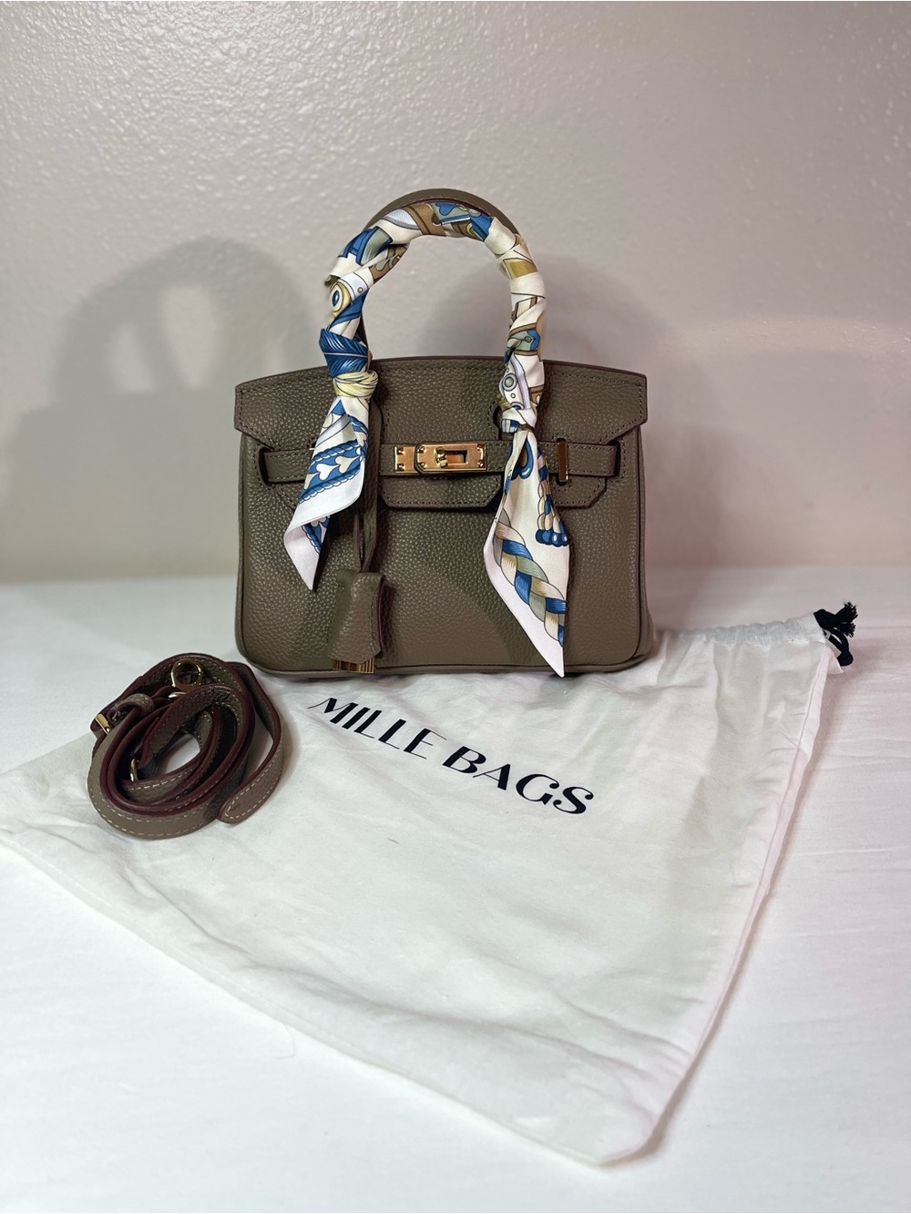 Grace Satchel by Mille Bags with bag scarf and dust bag, crossbody strap.